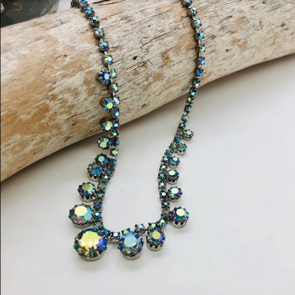 Vintage Blue Borealis Crystal Rhinestone Dainty Necklace 💎 - Picture 3 of 12